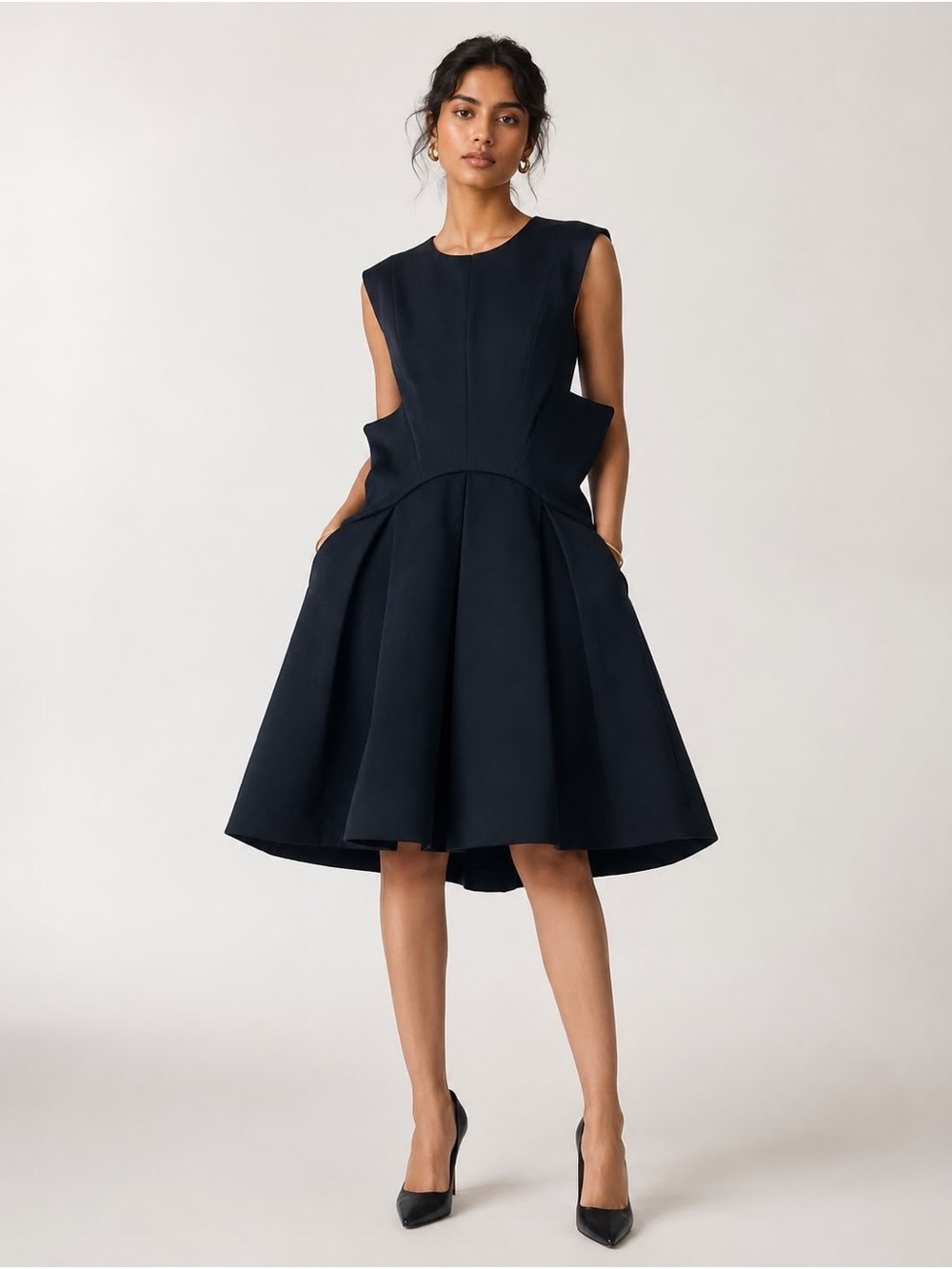 Sleeveless Black AQ AQ Fit-and-Flare Dress with Sculpted Waist